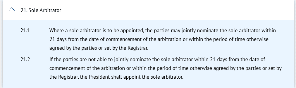 Sole Arbitrator (Rule 21)